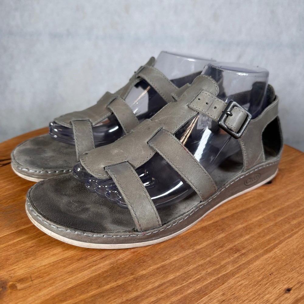 Chaco Alloy Leather Sandals Womens 9 Gray Good Strappy Gladiator Buckle J106164